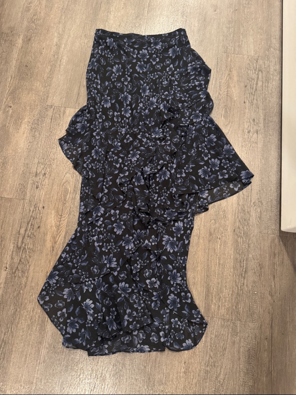 Misa Los Angeles Black Strapless Floral Ruffle Dress with Blue Flowers